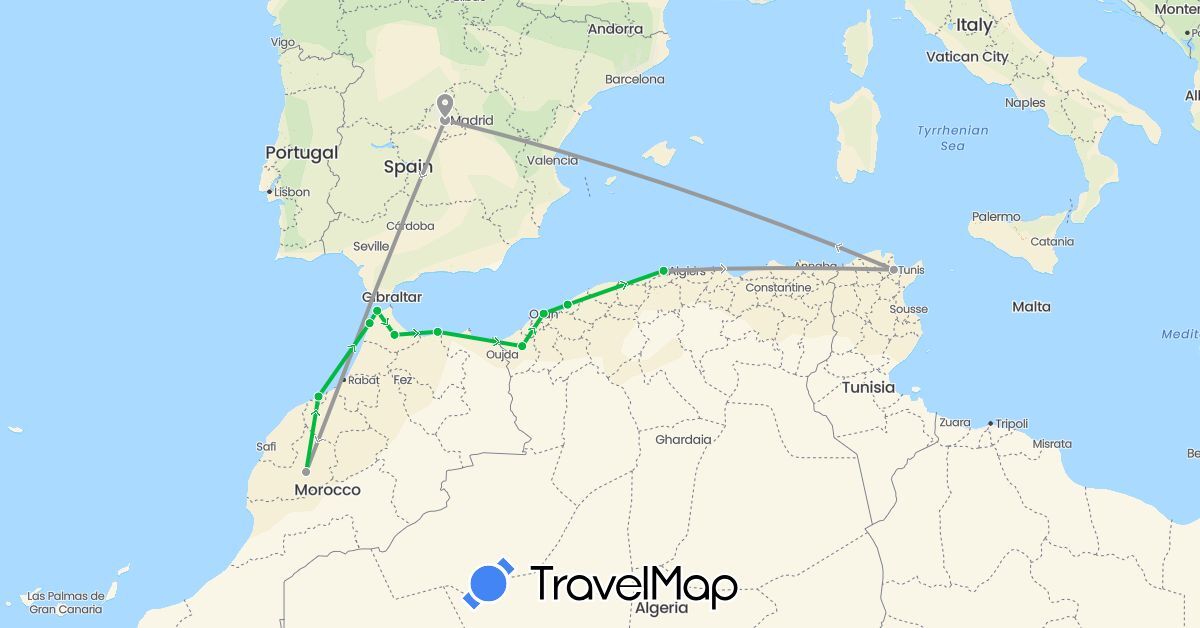 TravelMap itinerary: bus, plane in Algeria, Spain, Morocco, Tunisia (Africa, Europe)